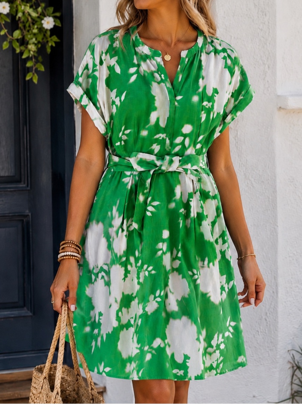 Linen Blend • Fit & Flare • Tie Waist • Green & White Abstract Print • Vera Wang